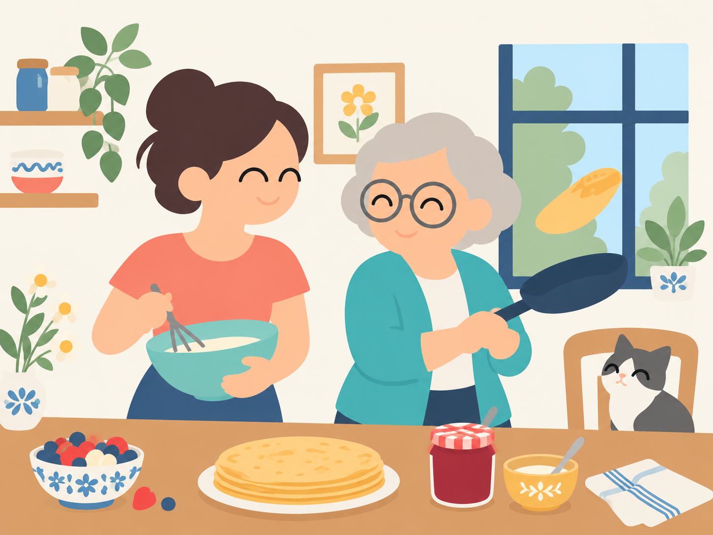 Une grand-mère fait sauter des crêpes pendant qu'une jeune femme prépare la pâte, côte à côte dans une cuisine